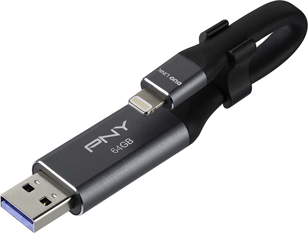 PNY PNYFDI64GLA02GC - OTG Flash Drive USB3.0 USB-A&Lightning 64GB Noir - Photo 1/1